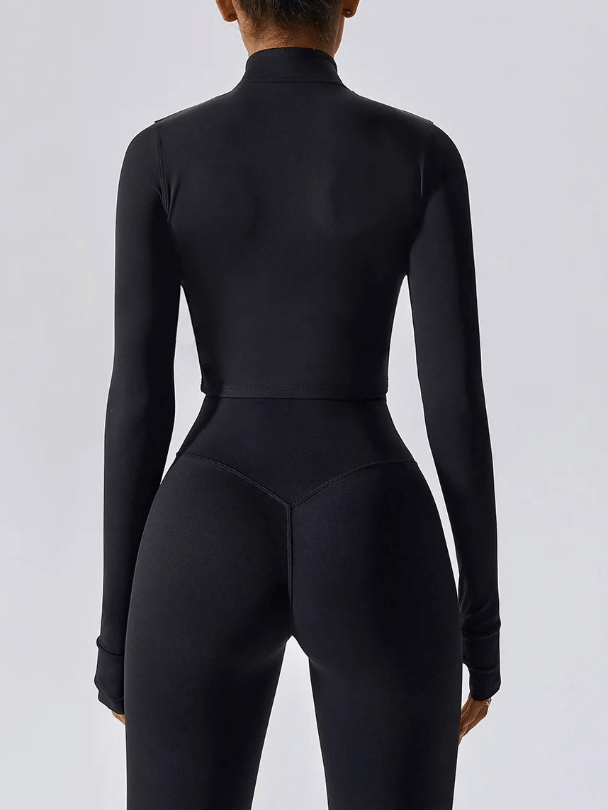 Back view of woman's black quick-drying long-sleeved yoga shirt with zipper, perfect for workouts and staying cool. Product code: SF1833